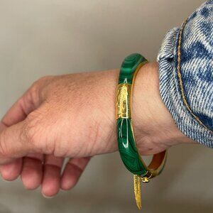 Vintage 14K Gold & Malachite Rounded Square Hinged Bracelet